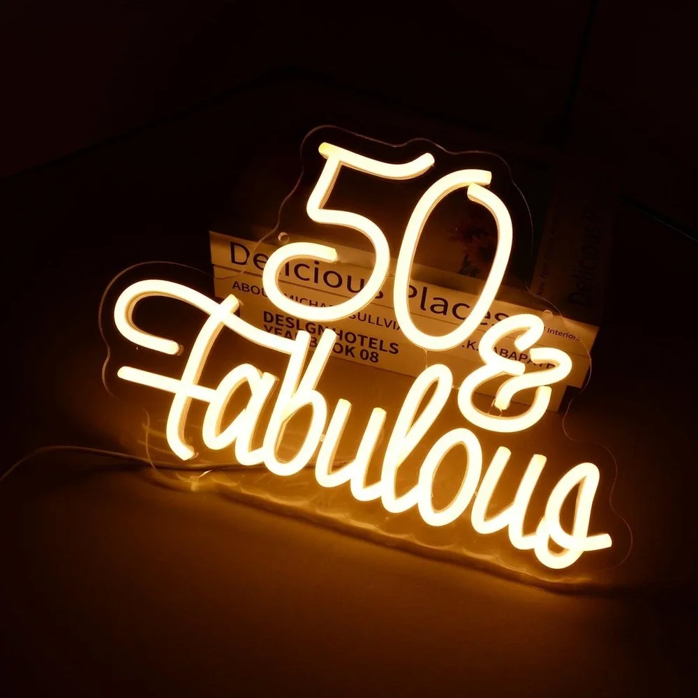 Wutrnjd 50 & Fabulous Neon Sign Warm White LED 50th Birthday Party Decor USB